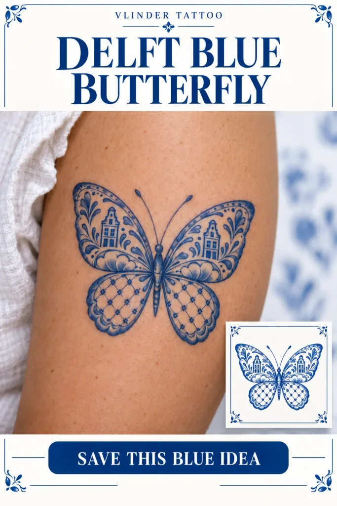 Blue butterfly tattoo with floral ornaments, gabled houses and lattice-patterned lower wings on an upper arm.