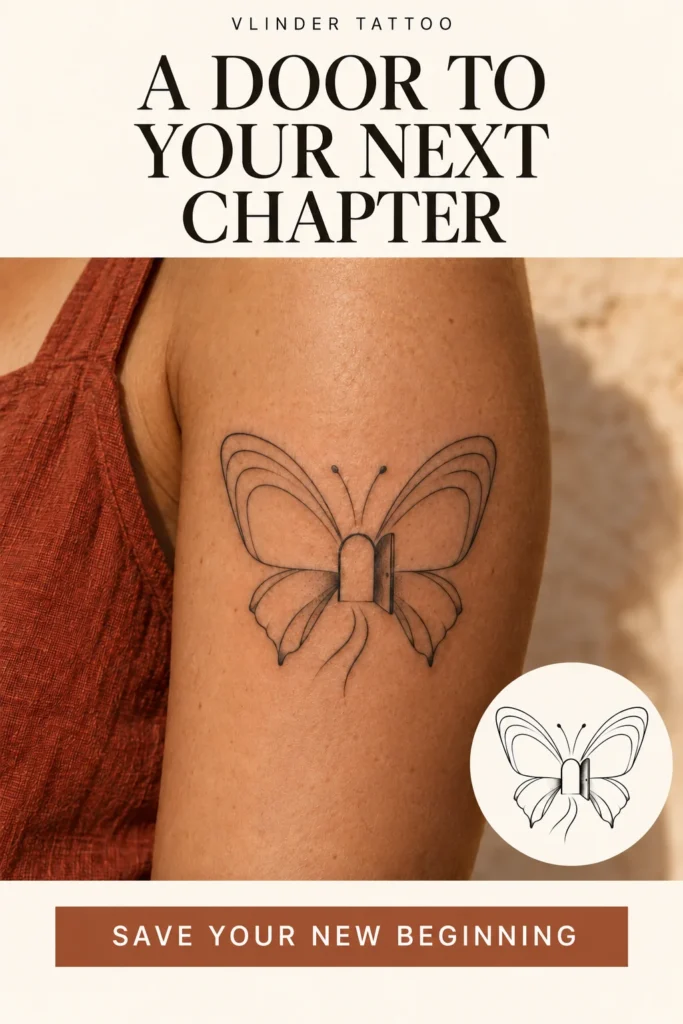 Fine-line butterfly tattoo with an open arched door at the center and a winding path underneath.