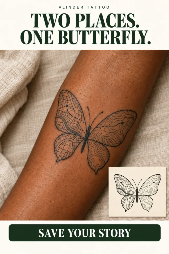 Black butterfly tattoo with street-map wings on the left, contour-map wings on the right and a dotted connecting route.