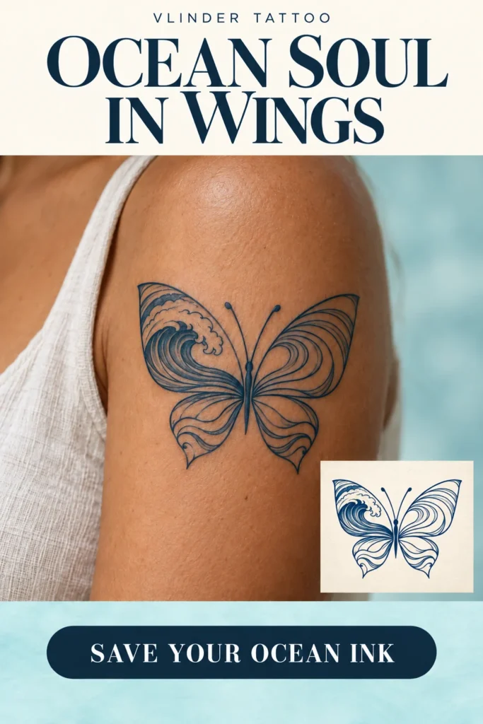 Blue butterfly on an upper arm with a curling wave in one wing and flowing lines in the other wings.
